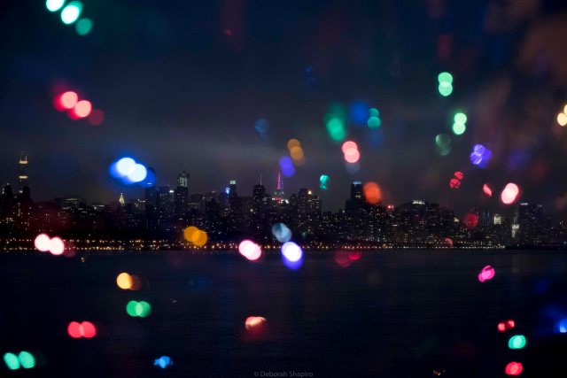 Manhattan skyline with holiday lights